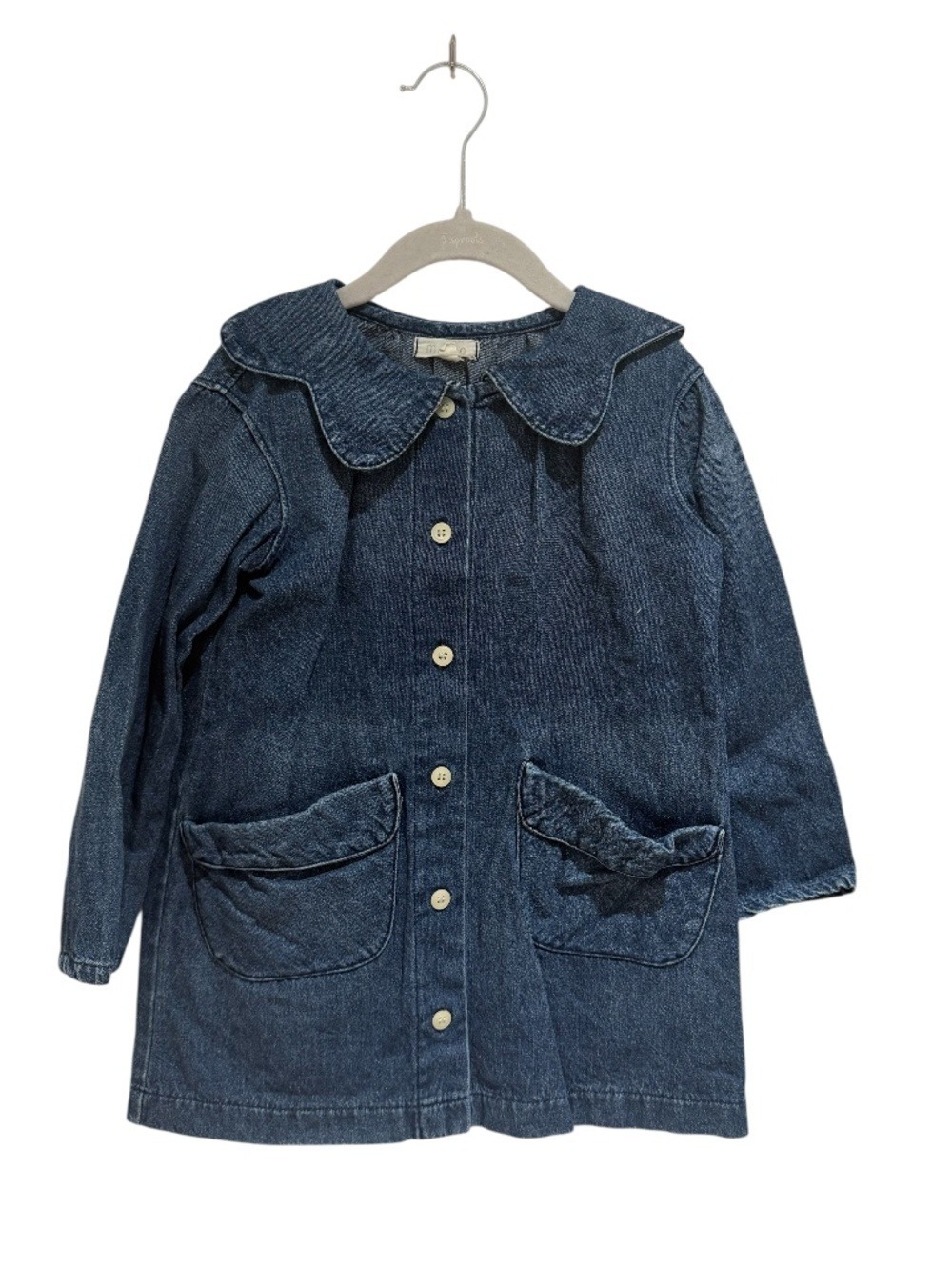 MABO medium blue denim shift dress with scalloped edge collar - size 4/5